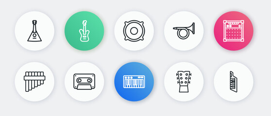 Set line Music synthesizer, Guitar amplifier, Pan flute, neck, Trumpet, Stereo speaker, Keytar and Retro audio cassette tape icon. Vector