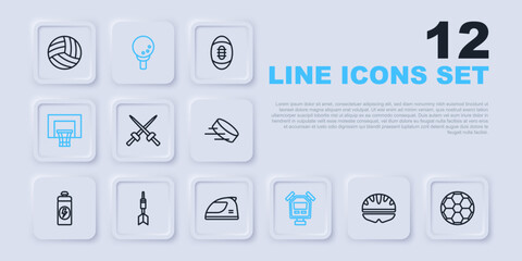 Set line Bicycle helmet, Soccer football ball, Fencing, Stopwatch, Basketball backboard, Dart arrow, Golf on tee and Racing icon. Vector