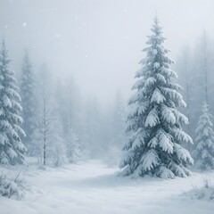 Obraz premium A realistic winter landscape with snow-covered trees and falling snowflakes, creating a serene and cold atmosphere under a soft, cloudy sky