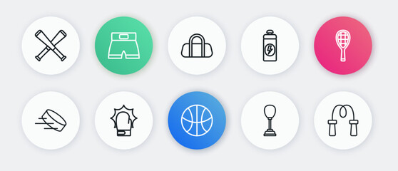 Set line Basketball ball, Tennis racket, Hockey puck, Punching bag, Fitness shaker, Sport, Jump rope and boxing gloves icon. Vector