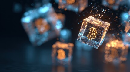 Cryptocurrency Bitcoin digital currency blockchain technology financial investment concept with glowing floating cubes and digital effects in dark background