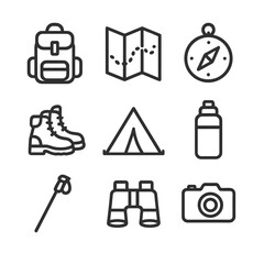 Journey Icon Set. Outline icon set of journey essentials: backpack, map, compass, hiking boots, tent, water bottle, walking stick,