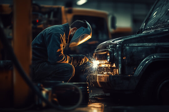Tinsmith worker welding car body at auto repair shop background.