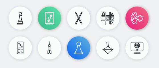 Set line Chip for board game, Puzzle pieces toy, Domino, Whirligig, Tic tac toe, Crossed billiard cues, Game dice and Dart arrow icon. Vector