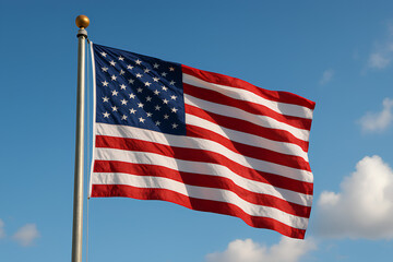 Obraz premium American flag waving proudly against a bright blue sky with scattered white clouds, showcasing patriotism and national pride.