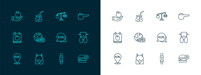 Set line Sports nutrition proteine, Obesity, Kcal, Smart watch with heart, GMO, Calorie calculator, Apple and Fresh smoothie icon. Vector