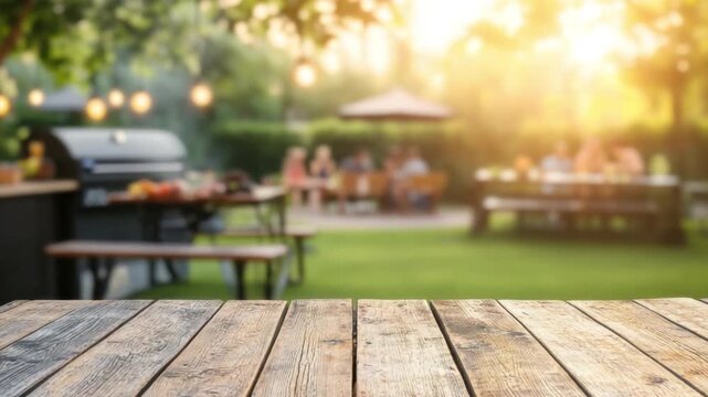 Rustic Wooden Table in Bright Backyard with Blurred People and Warm Sunset Atmosphere 4k video footage
