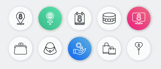 Set line Female gender symbol, 8 March, Handbag, Paper shopping, Gift box heart, Calendar with, Balloons and icon. Vector