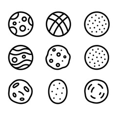 Jupiter's Moon Icons. Outline icon set of Jupiter’s Galilean and inner moons: Io, Europa, Ganymede, Callisto, Amalthea, Himalia,