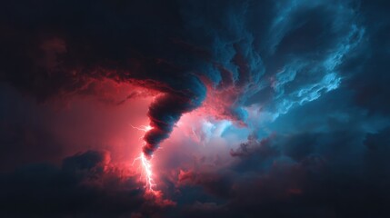 Dramatic storm clouds with lightning bolt illuminating dark sky du severe weather event for atmospheric and natural disaster concept