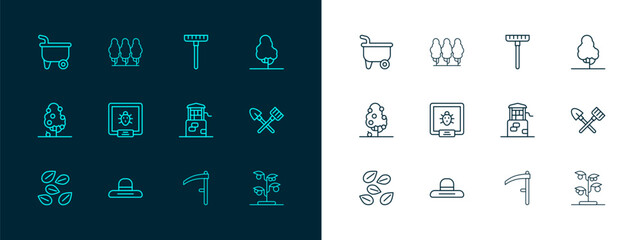 Set line Fruit tree, Farmer worker hat, Well, Scythe, Colorado beetle, Garden rake, Wheelbarrow and trees icon. Vector