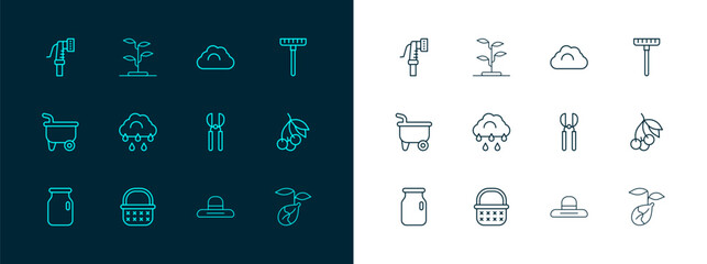 Set line Garden rake, Wicker basket, Gardening scissors, Farmer worker hat, Cloud with rain, Cloudy weather, hose and Sprout icon. Vector