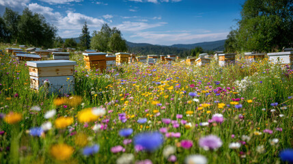 Beekeeping practices in flower-filled fields nature photography vibrant environment wide-angle view