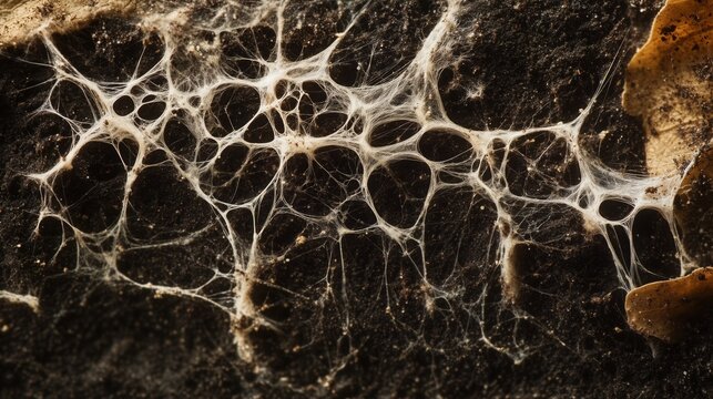 Close-up of fungal mycelium network in soil, white filamentous structure of mushroom roots underground