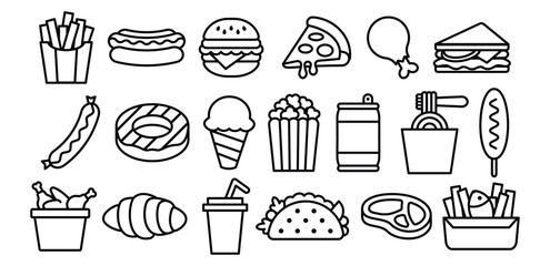Fast Food Junk Food Simple Line Icon Hot Dog, Hamburger, Pizza, Sandwich, Sausage, Donut, Noodle, Symbol Vector Graphics Design Illustration Collections Sets