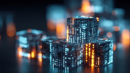Abstract close-up of illuminated holographic glass cubes with glowing blue and orange reflections creating a futuristic digital technology concept scene