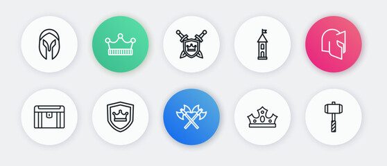 Set line Crossed medieval axes, Medieval helmet, Antique treasure chest, King crown, Castle tower, Shield with swords, Battle hammer and icon. Vector