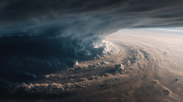 Powerful storm clouds swirl menacingly over the ocean as they approach land at dusk