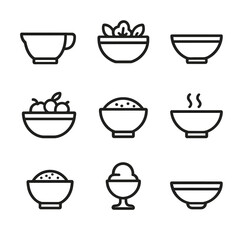 Obraz premium Kitchen Bowl Icons. Outline icon set of kitchen bowls: mixing bowl, salad bowl, serving bowl, fruit bowl, cereal bowl, soup bowl,