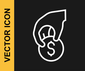 White line Hand holding casino chips icon isolated on black background. Casino gambling. Vector