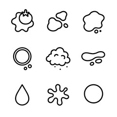 Obraz premium Kitchen Stain Icons. Outline icon set of kitchen stains: tomato sauce, grease, coffee spill, wine drip, flour dust, chocolate