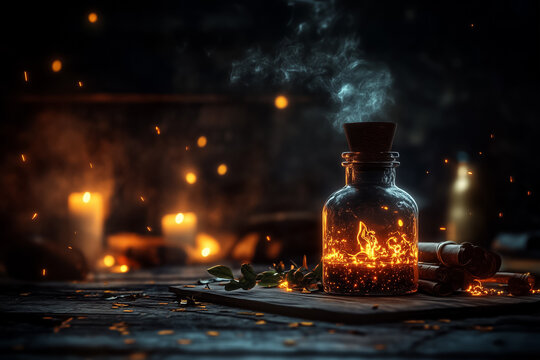 Magical potion, elixir on a wizard table sparks background front view.