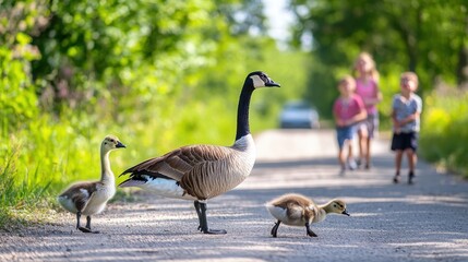 Fototapeta premium A family of geese crossing a country road with children watching and laughing in the background on a sunny afternoon