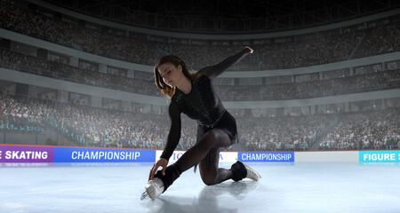 Figure skater girl skating on ice stadium.