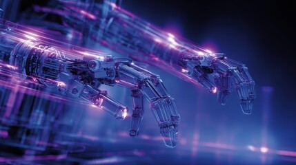 Futuristic robotic hands reaching out with glowing neon lights and intricate mechanical details in a high-tech digital environment, emphasizing technology and innovation