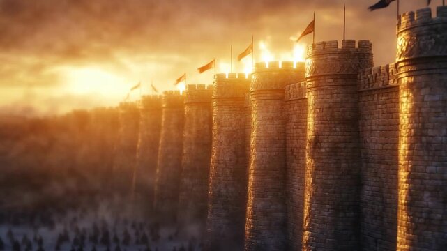 An epic medieval fortress wall with fire, cinematic fantasy battle footage.
