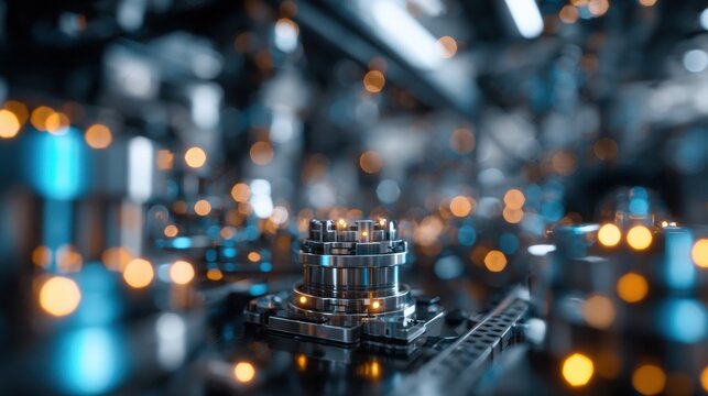 Close-up of a detailed electronic circuit board with glowing gold and blue LEDs, electronic components, and complex microchip, highlighting advanced technology