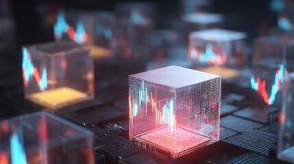 Close-up of transparent cubes with glowing digital financial charts and stock market icons on dark technological background representing data analysis and financial technology