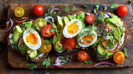 Freshly Crafted Avocado Toast with Cherry Tomatoes, Soft-Boiled Eggs, and Colorful Herbs on a Rustic Wooden Board for Healthy Eating