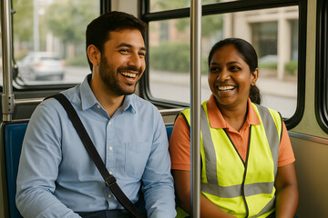 Joyful diverse commuters, a professional man and a female worker, laughing together on a public bus. Urban travel and positive interactions.