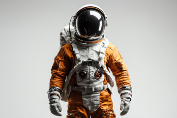 Man in an astronaut spacesuit standing on a gray background.
