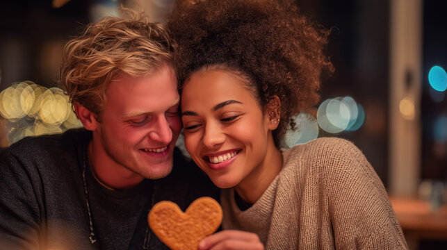 Young couple enjoys heart-shaped cookie in cozy cafe during evening with warm lights and joyful atmosphere - Powered by Adobe