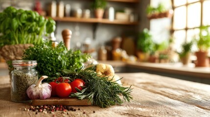 Fresh Herbs and Vegetables on Wooden Board in Cozy Kitchen Setting with Natural Light and Warm Atmosphere for Culinary Inspiration and Recipe Development