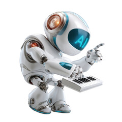 Futuristic Robotic Character Playing Keyboard with AI Technology Display and Interactive Gesture, Perfect for Modern Concepts of Innovation and Music