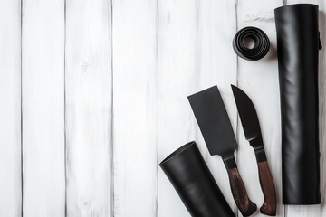 Rolls of black leather and a knife on a tanner table background.