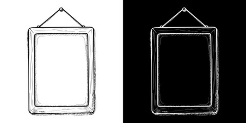 Isolated vector image of rectangular frame for text, two design variants on transparent and black background, pencil drawing, chalk drawing