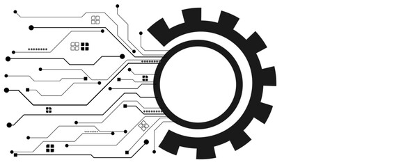Gear wheel with printed circuit board, Digital technology abstract background.