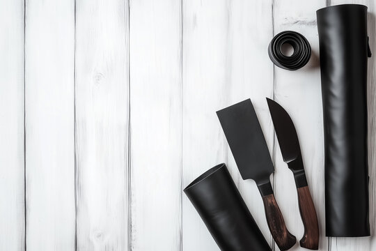 Rolls of black leather and a knife on a tanner table background.
