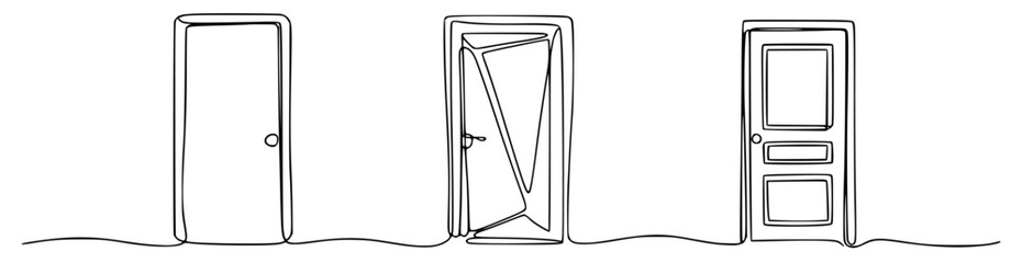 Three doors in continuous line art style illustration drawing