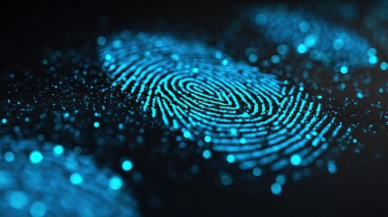 Close-up of a futuristic glowing blue fingerprint with digital particles and intricate details on a dark background, representing technology security and identity verification