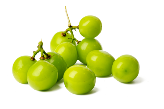 High-resolution Fresh Shine Muscat Grape green fruit photograph using stack focus technique on a white background, suitable for editing.