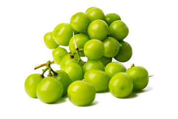 High-resolution Fresh Shine Muscat Grape green fruit photograph using stack focus technique on a white background, suitable for editing.