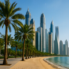 Sunny day on a tropical city beach with a promenade of palm trees and a stunning backdrop of futuristic glass skyscrapers.