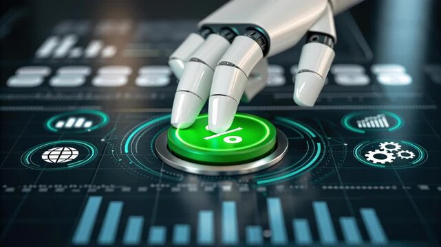 Futuristic Robotic Hand Presses Green Button on Digital Interface Symbolizing Q4 Rebound in Technology and Innovation Q4 Rebound