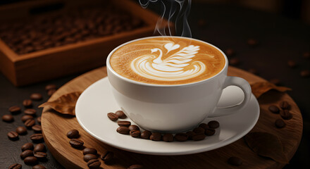 Steaming Latte with Swan Milk Art in White Cup on Wooden Tray – Coffee Close-Up