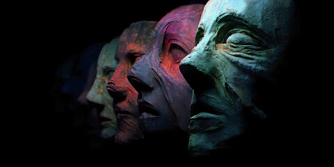 Obraz premium Echoes in Light: Sculpted Faces in Luminous Shadow Death Mask, ai generated.